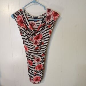 Wet Seal Black and White Striped Top with Red Floral Design
